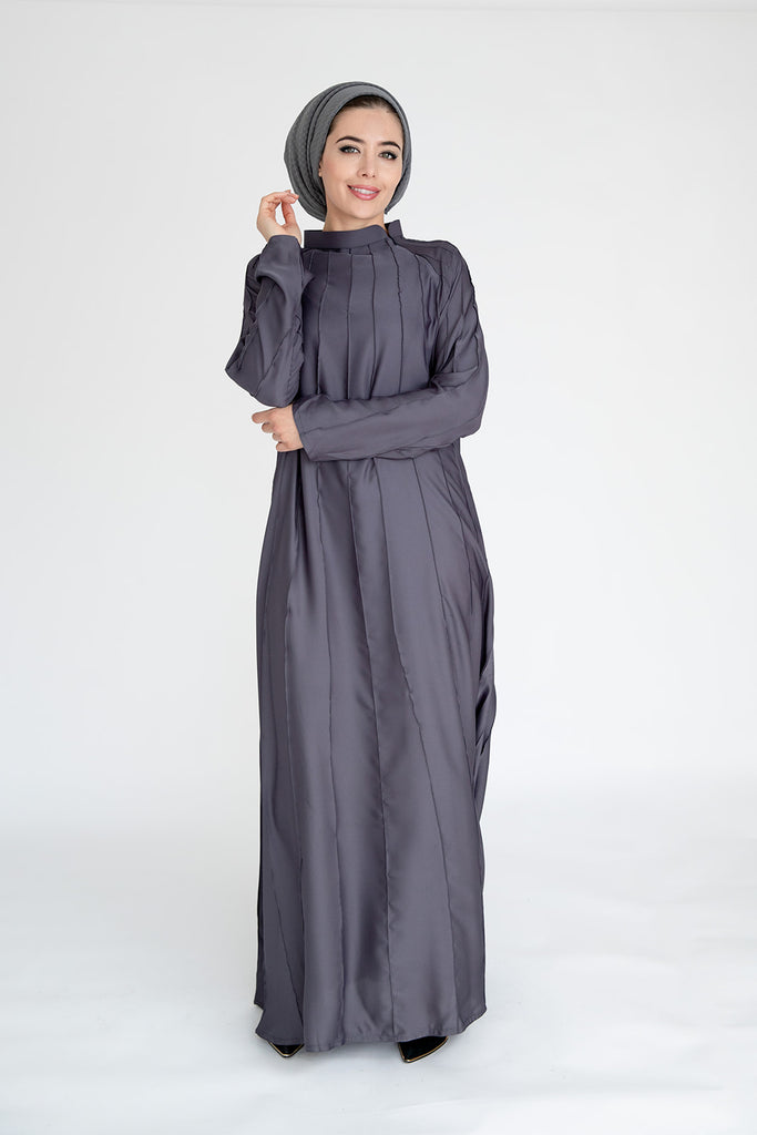 Grey Closed Abaya – Plain Umbrella Cut Design with Stitched Line Detailing