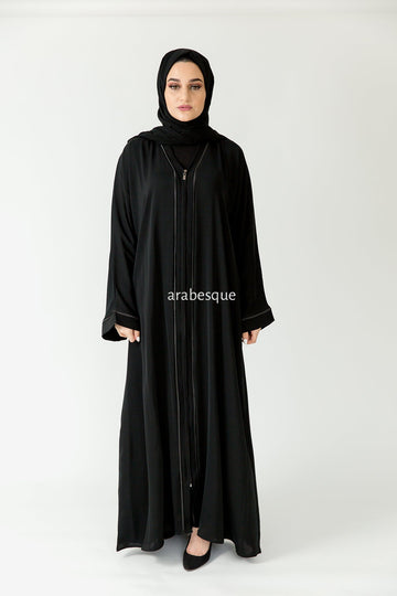 Premium Black Line Border Zip Abaya with Pocket & Matching Scarf