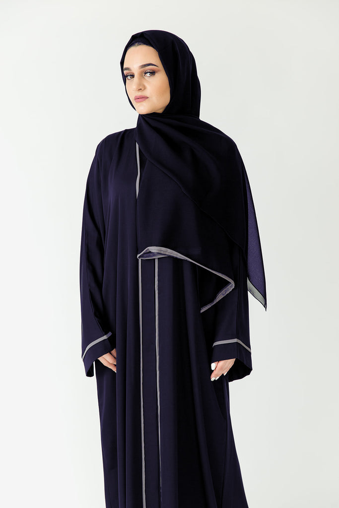 Dark Navy Open Abaya – Premium Grey Border Line Design with Pocket