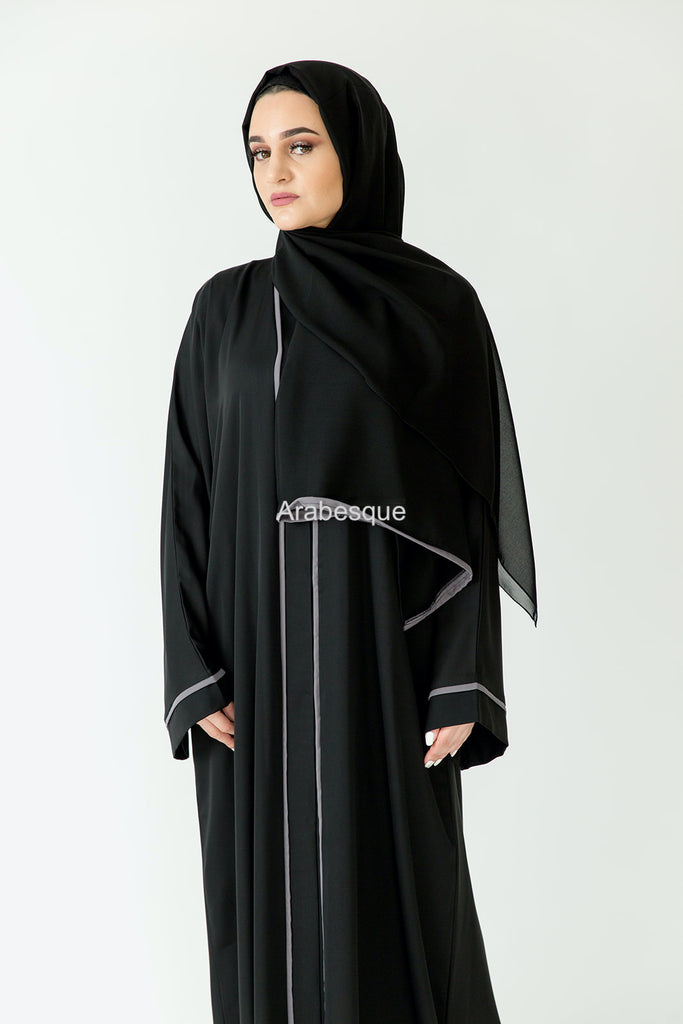 Premium Grey Line border Open Abaya