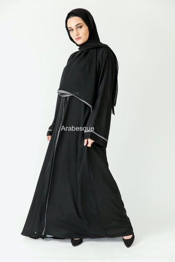 Premium Grey Line border Open Abaya with Pocket and Matching Scarf