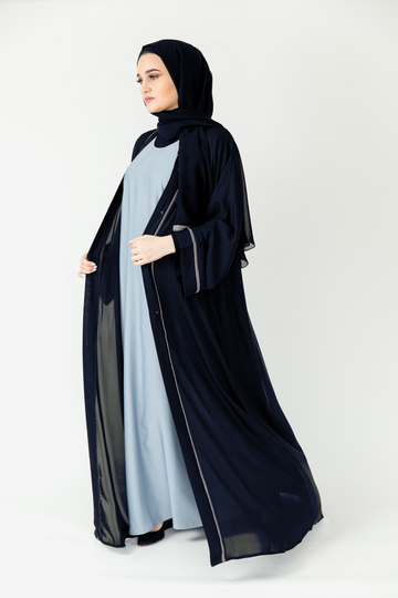 Premium Grey Border Line Dark Navy Open Abaya with Pocket