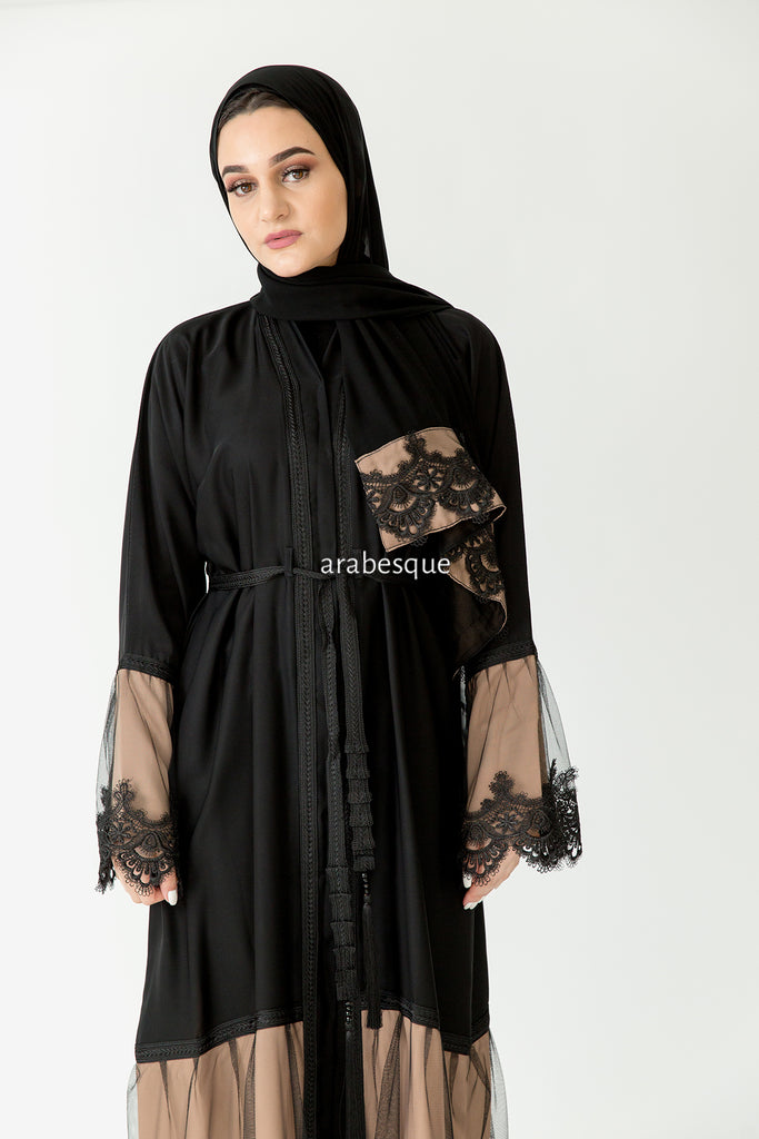 Black & Mocha Open Abaya – Lace and Net Panel Detailing