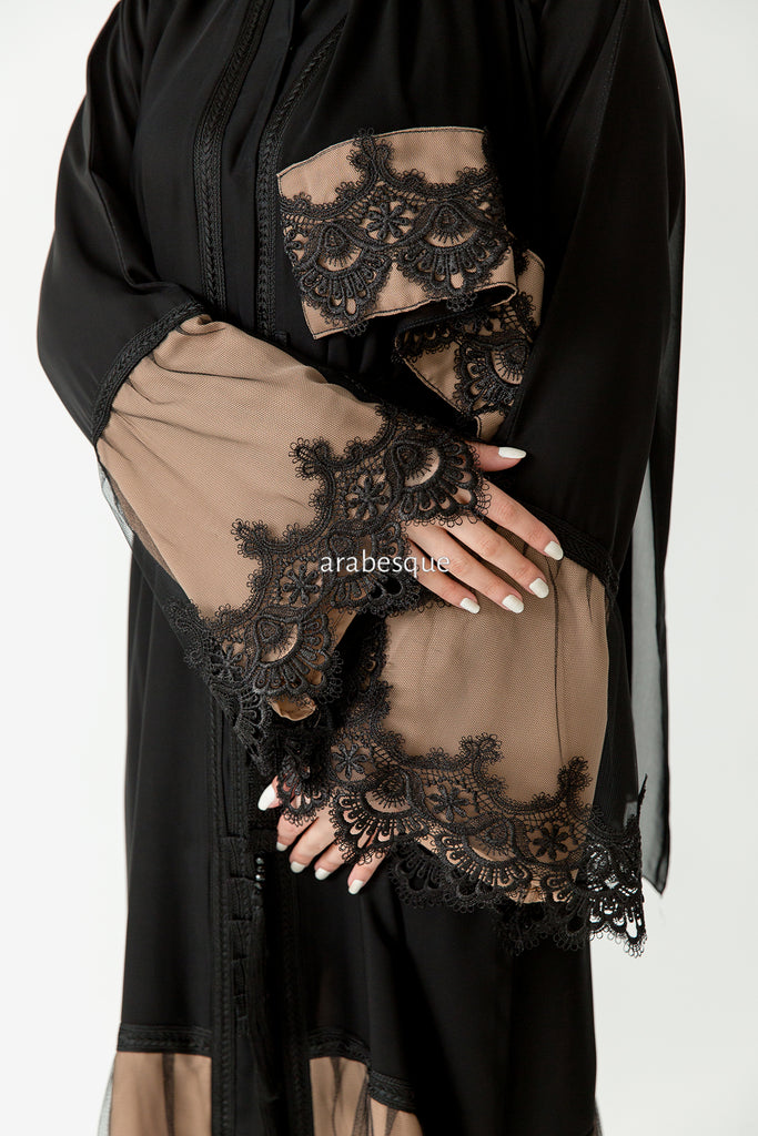 Black & Mocha Open Abaya – Lace and Net Panel Detailing