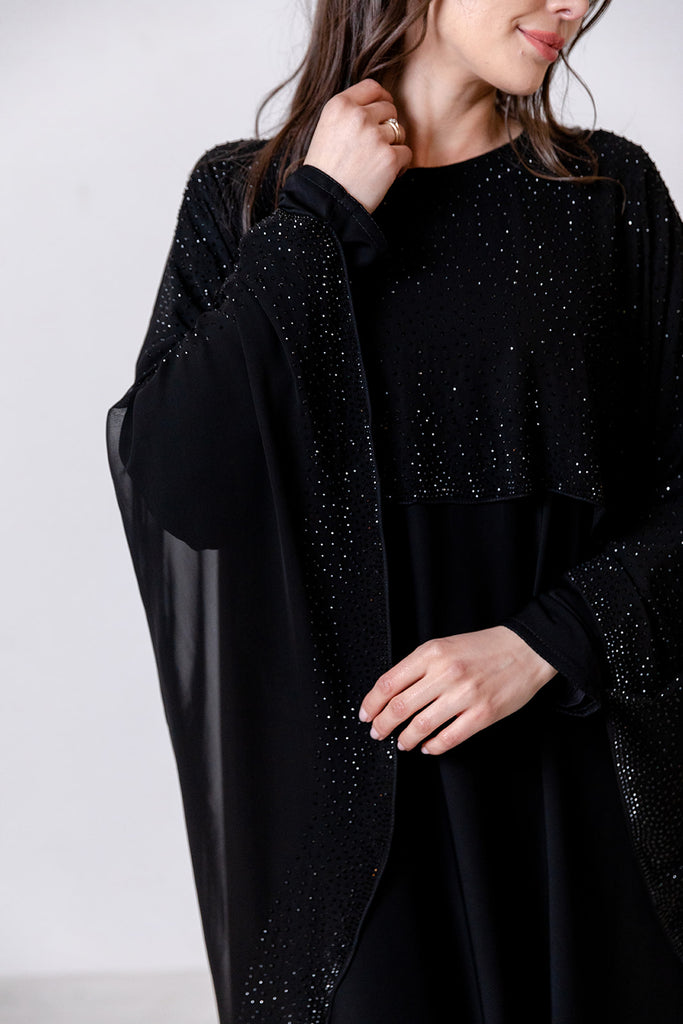 Black Closed Cape Abaya – Luxury Chiffon Design with Black Stonework