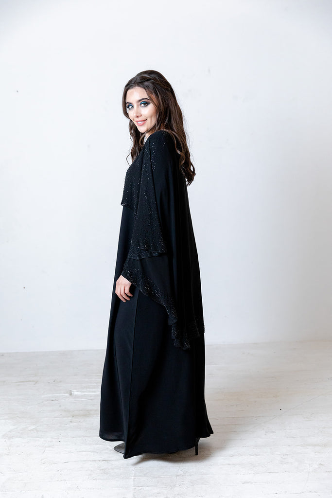 Black Closed Cape Abaya – Luxury Chiffon Design with Black Stonework