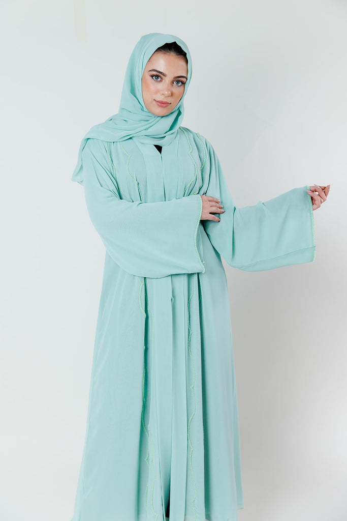 Mint Open Abaya – Crystal Embellished Chiffon Design with Pleated Back