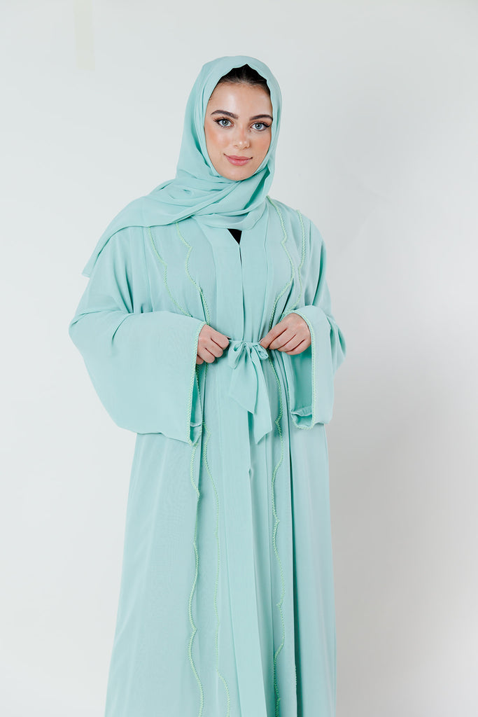 Mint Open Abaya – Crystal Embellished Chiffon Design with Pleated Back