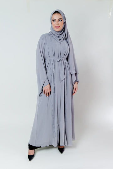 Grey Crystal Embellished Chiffon Open Abaya with Pleated Back