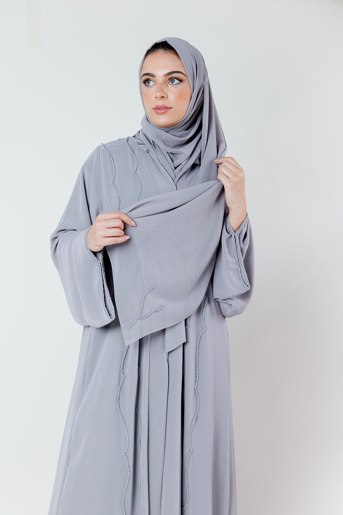 Grey Open Abaya – Crystal Embellished Chiffon Design with Pleated Back