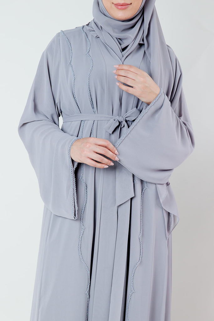 Grey Open Abaya – Crystal Embellished Chiffon Design with Pleated Back