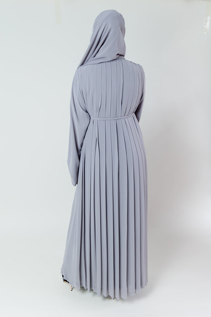 Grey Open Abaya – Crystal Embellished Chiffon Design with Pleated Back
