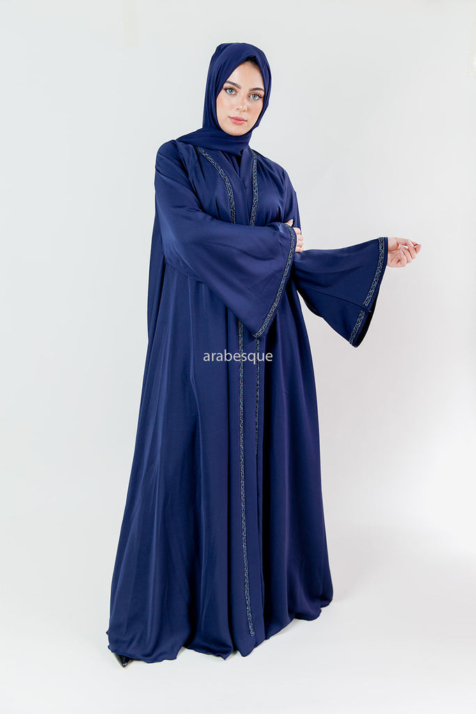 Blue Open Abaya – Embellished Umbrella Cut with Flared Sleeves