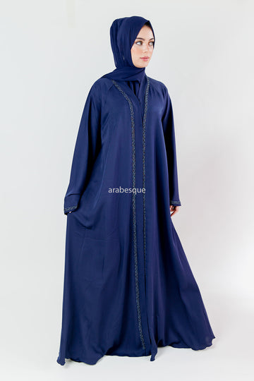 Blue Embellished Flared Sleeve Umbrella Cut Open Abaya
