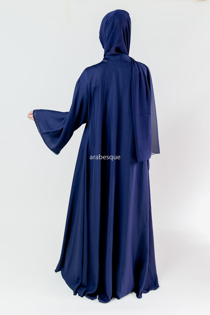 Blue Open Abaya – Embellished Umbrella Cut with Flared Sleeves