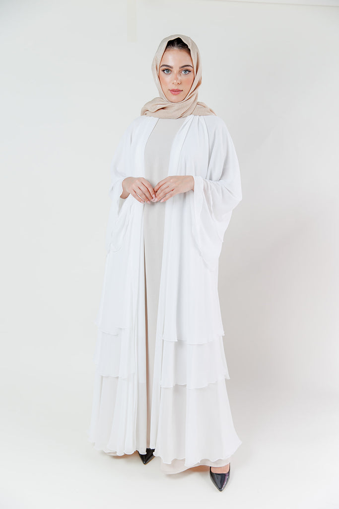 White Chiffon Layered Open Abaya