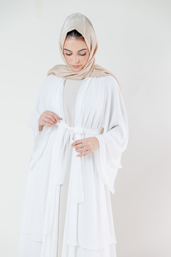 White Chiffon Layered Open Abaya