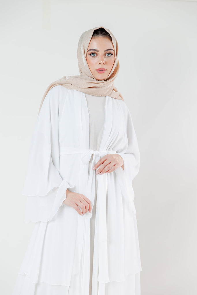 White Chiffon Layered Open Abaya