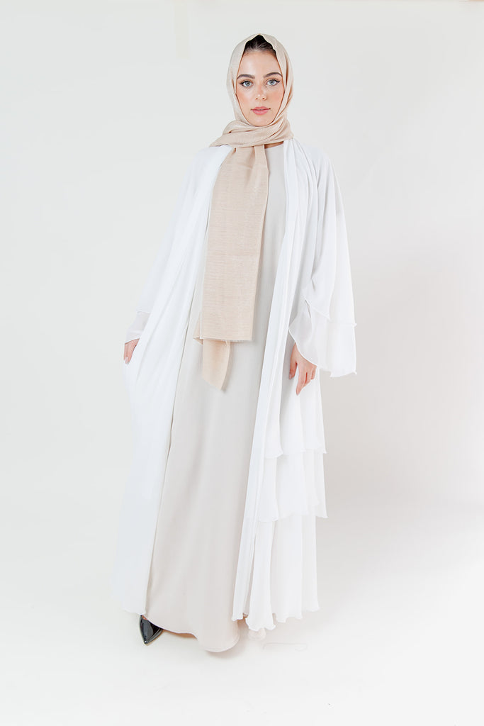 White Chiffon Layered Open Abaya
