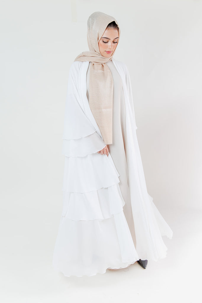 White Chiffon Layered Open Abaya