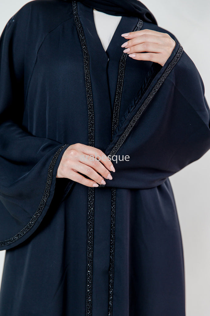 Black Open Abaya – Embellished Umbrella Cut with Flared Sleeves