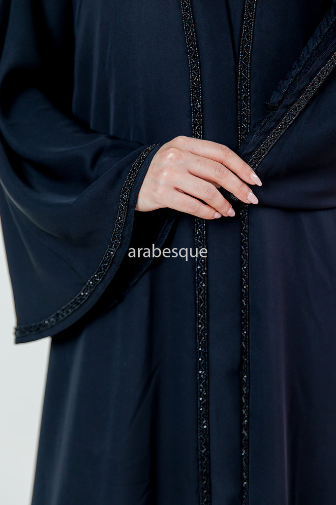 Black Open Abaya – Embellished Umbrella Cut with Flared Sleeves