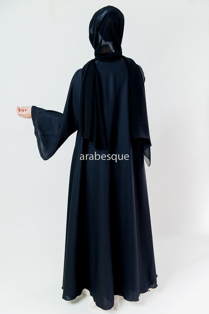 Black Open Abaya – Embellished Umbrella Cut with Flared Sleeves