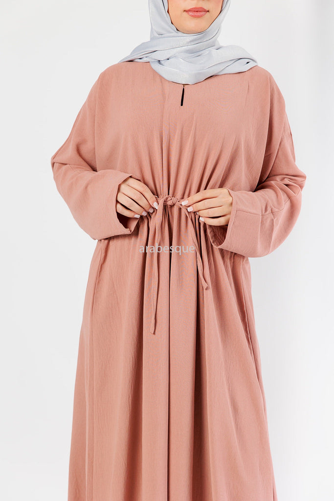 Dusty Pink Closed Abaya – Plain Crushed Polyester with Drawstring Waist