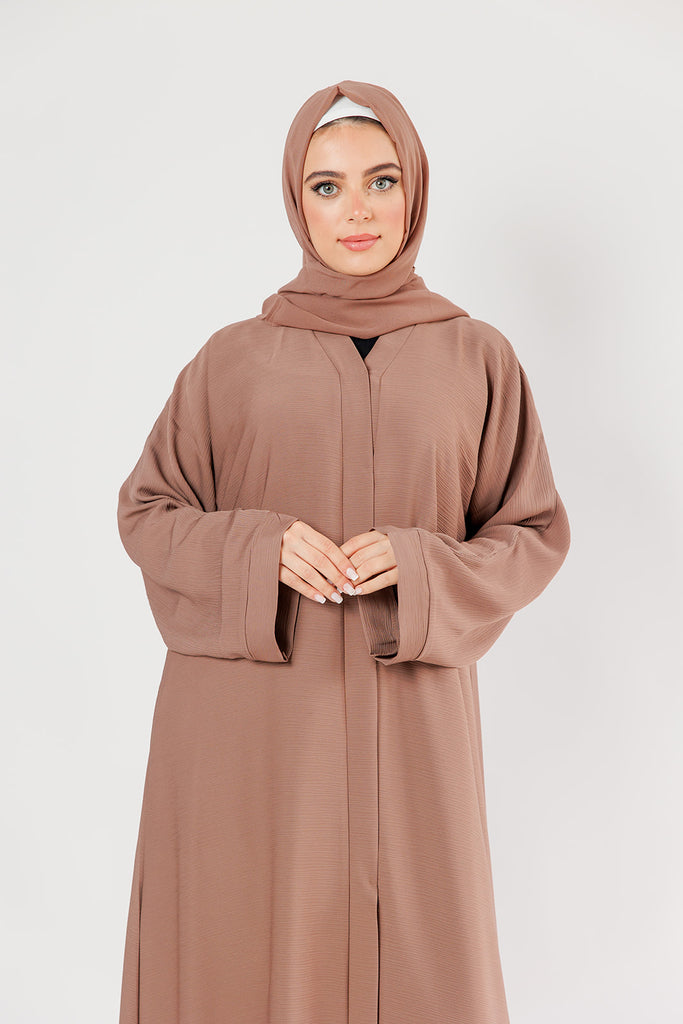 Wood Brown Open Abaya – Plain Design with Textured Finish