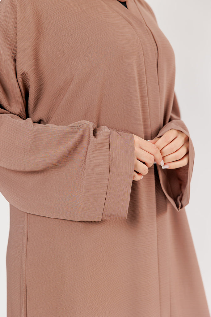 Wood Brown Open Abaya – Plain Design with Textured Finish