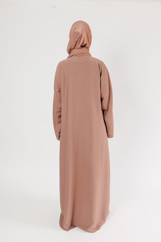 Wood Brown Open Abaya – Plain Design with Textured Finish