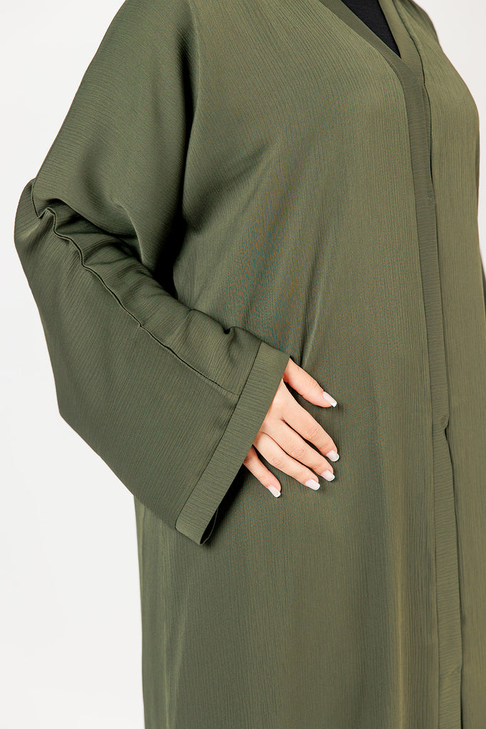 Seaweed Green Open Abaya – Plain Design with Textured Finish