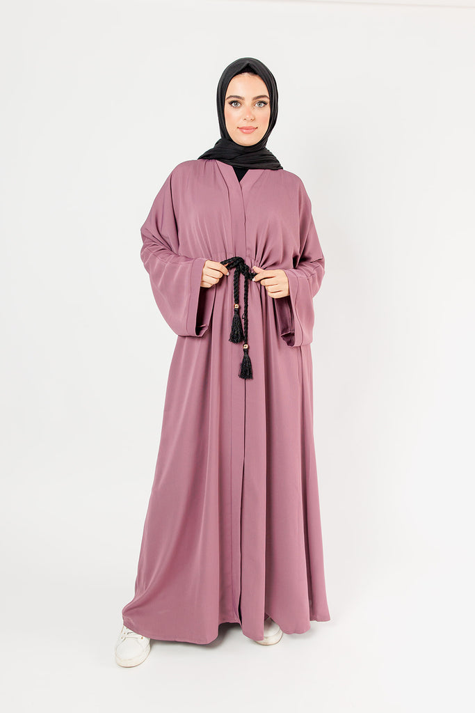 Mauve Open Abaya – Plain Design, Drawstring Waist with Textured Finish