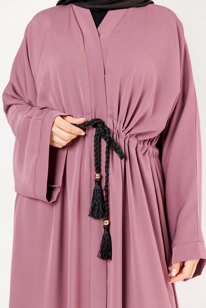 Mauve Open Abaya – Plain Design, Drawstring Waist with Textured Finish