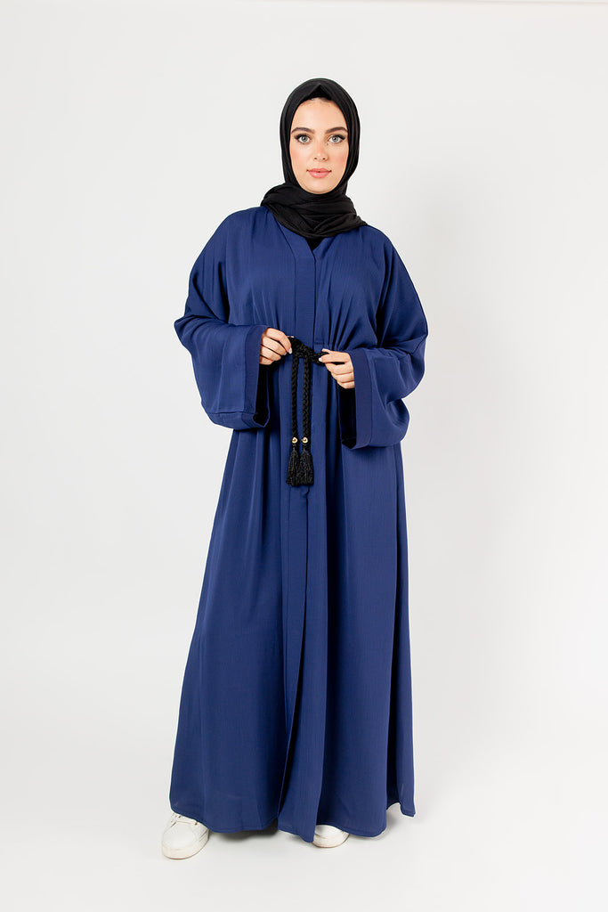 Navy Open Abaya – Plain Design, Drawstring Waist with Textured Finish