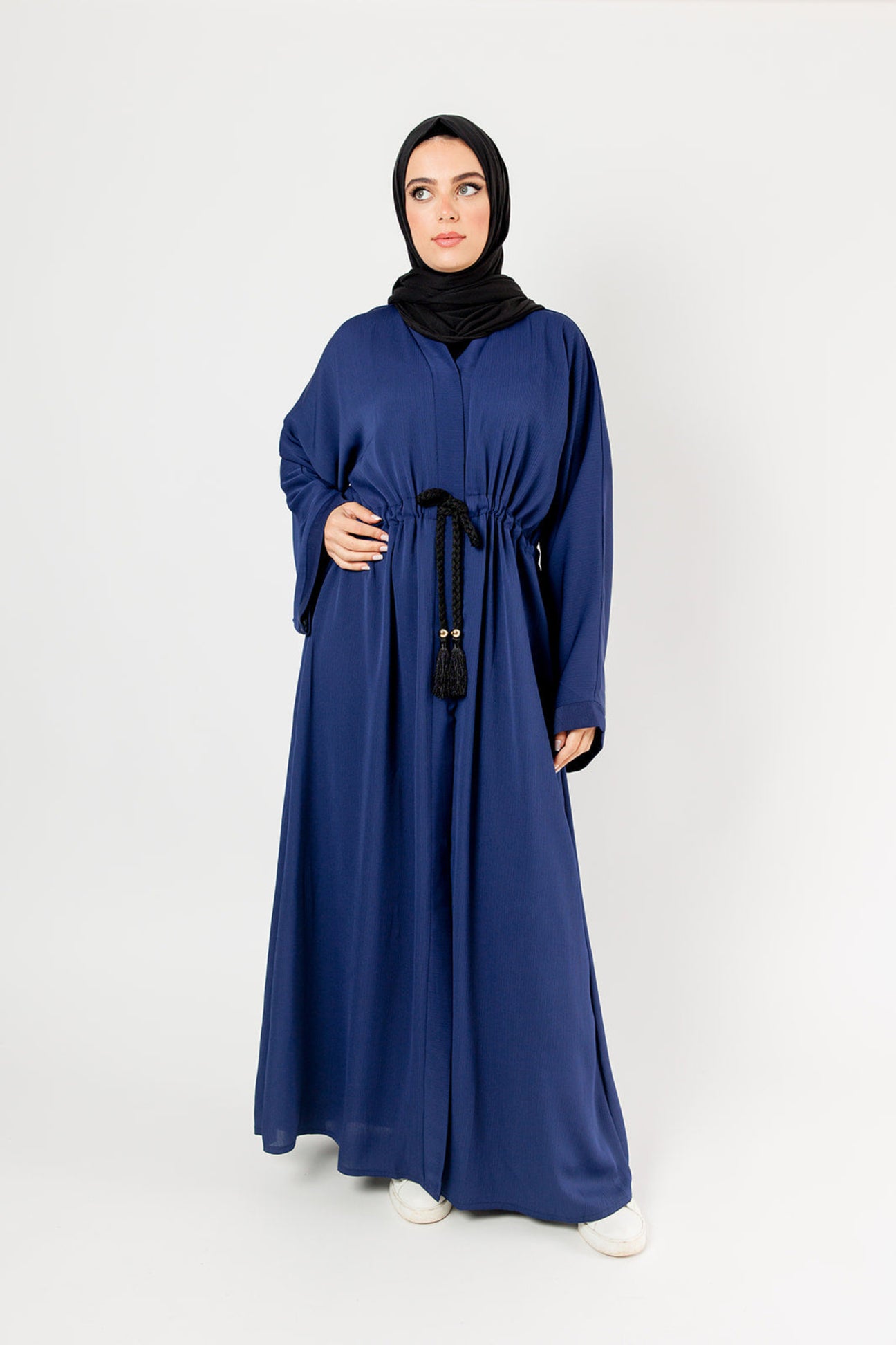 Navy Plain Textured Open Draw string Abaya