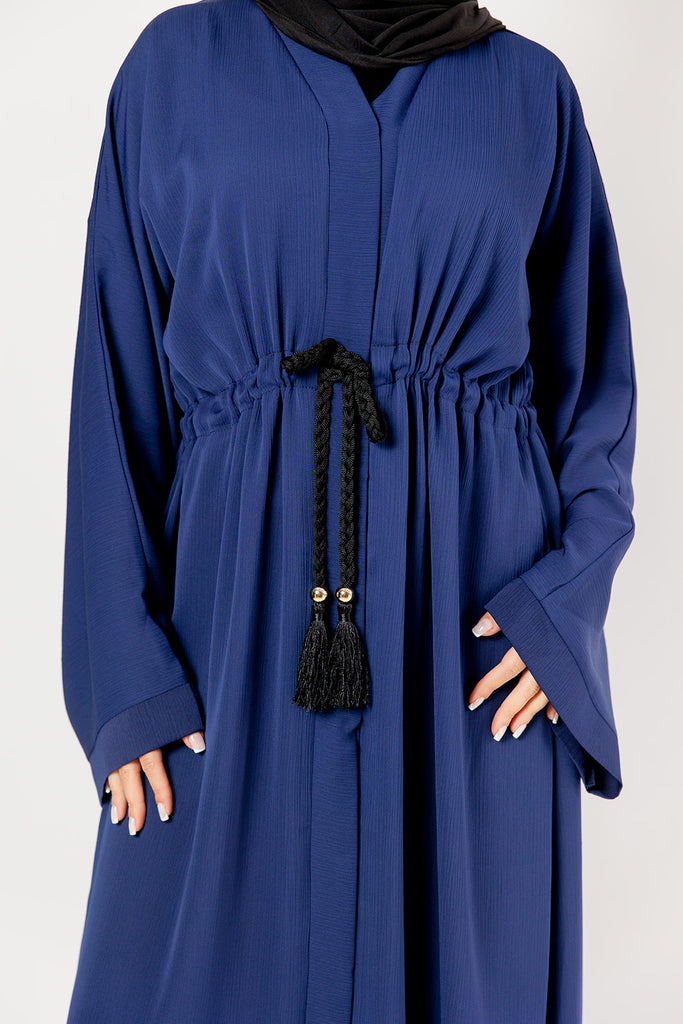 Navy Open Abaya – Plain Design, Drawstring Waist with Textured Finish