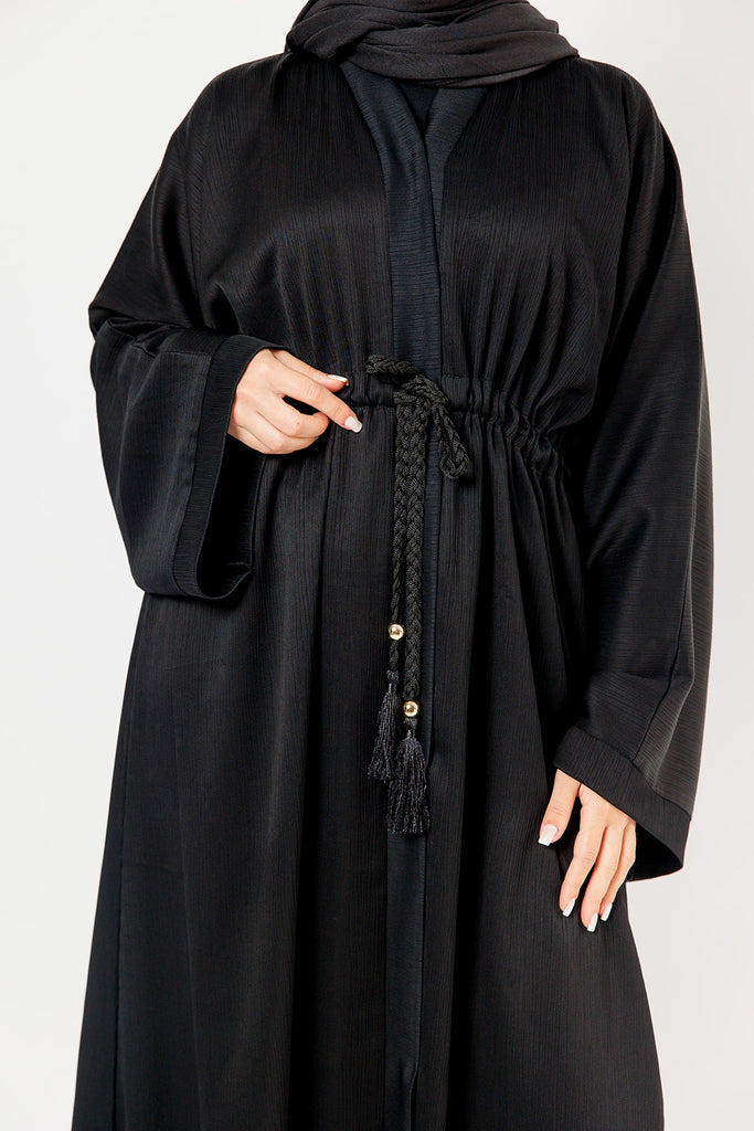 Black Open Abaya – Plain Design, Drawstring Waist with Textured Finish