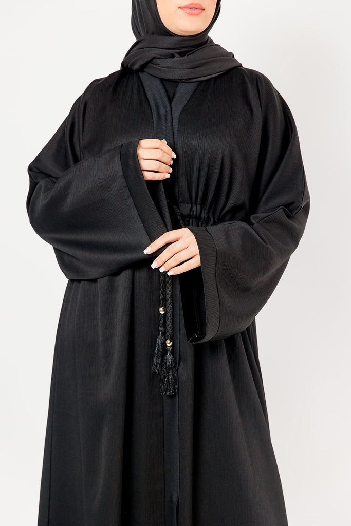 Black Open Abaya – Plain Design, Drawstring Waist with Textured Finish