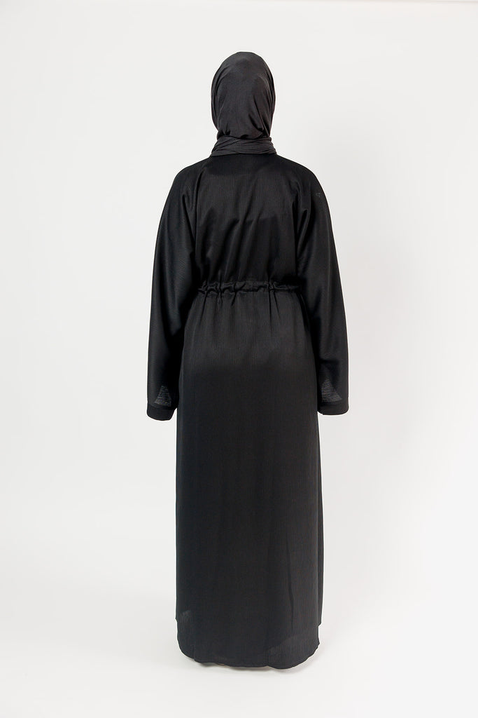 Black Open Abaya – Plain Design, Drawstring Waist with Textured Finish