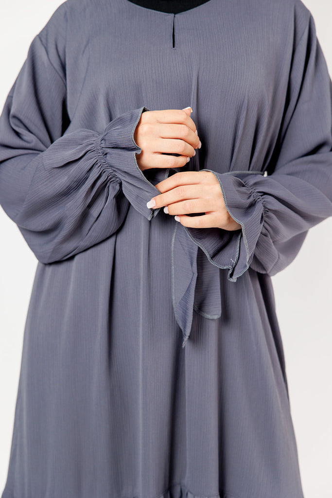 Slate Grey Tiered Closed Abaya – Textured Fabric, Belted with Cuffed Sleeves