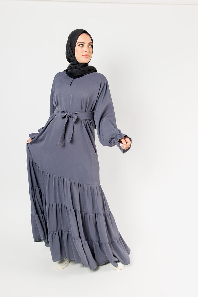 Slate Grey Tiered Closed Abaya – Textured Fabric, Belted with Cuffed Sleeves