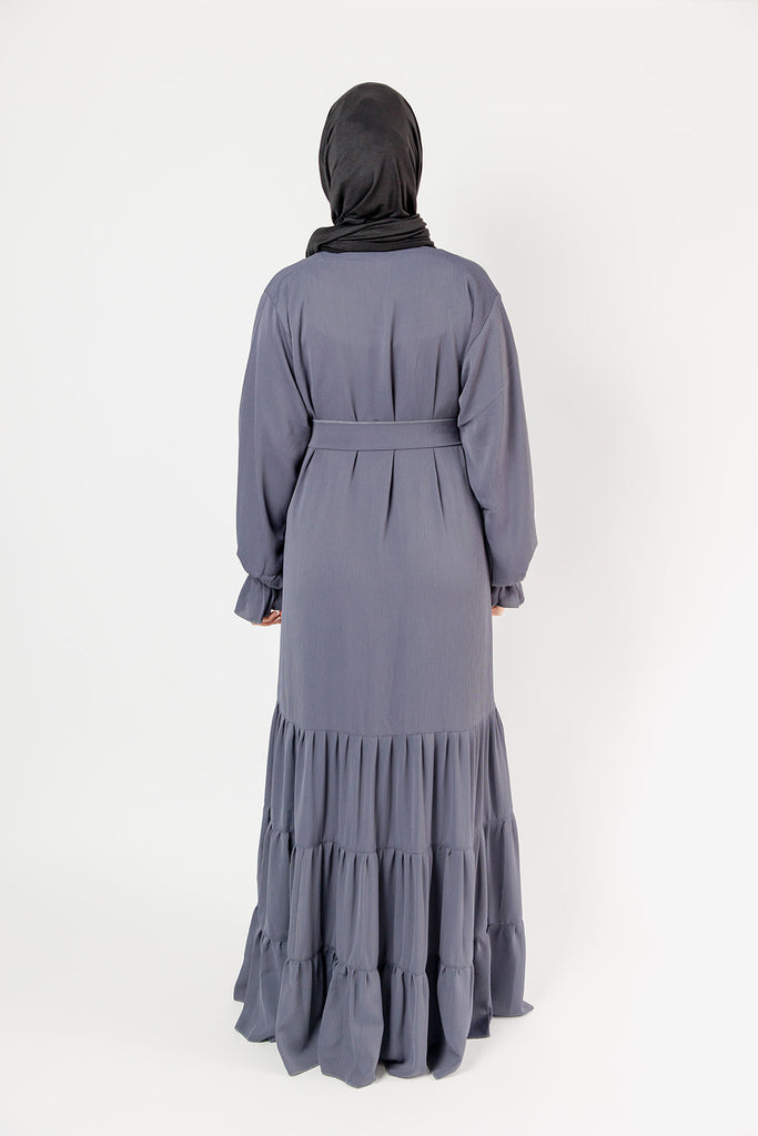 Slate Grey Tiered Closed Abaya – Textured Fabric, Belted with Cuffed Sleeves