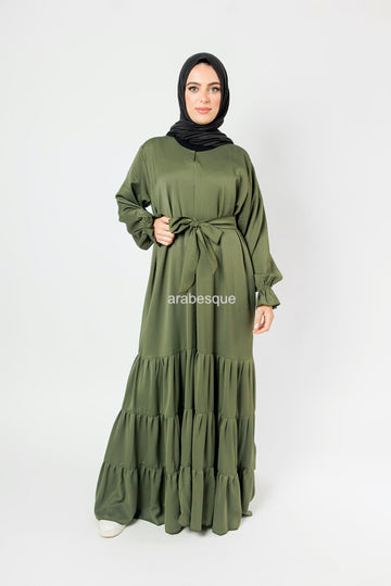 Dark Olive Textured Closed Tiered Abaya With Cuffed Sleeves And Belt