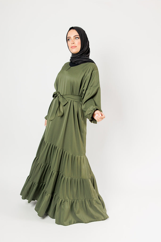 Dark Olive Tiered Closed Abaya – Textured Fabric, Belted with Cuffed Sleeves