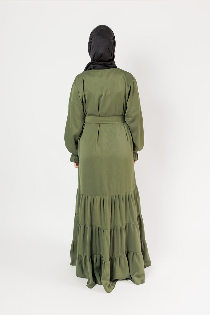 Dark Olive Tiered Closed Abaya – Textured Fabric, Belted with Cuffed Sleeves