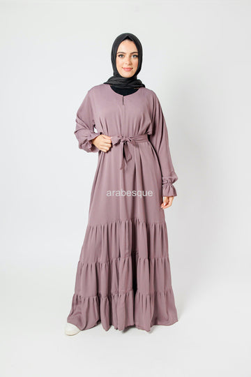 Mauve Textured Closed Tiered Abaya With Cuffed Sleeves And Belt