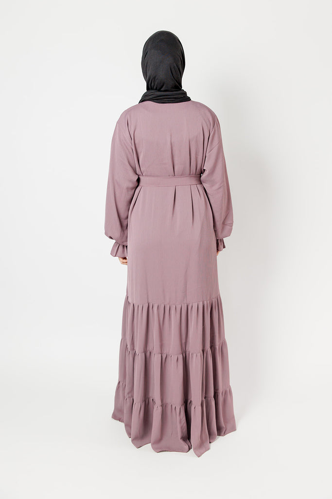 Mauve Tiered Closed Abaya – Textured Fabric, Belted with Cuffed Sleeves