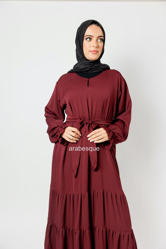 Maroon Tiered Closed Abaya – Textured Fabric, Belted with Cuffed Sleeves