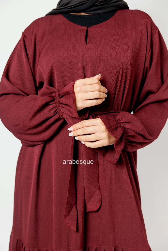 Maroon Tiered Closed Abaya – Textured Fabric, Belted with Cuffed Sleeves